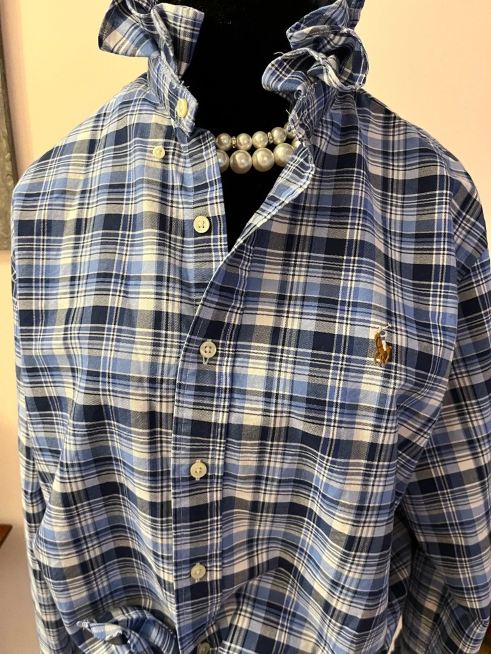 Upcycled Ralph Lauren Navy and Light Blue Plaid Shirt with ruffle collar - Picture 4 of 7